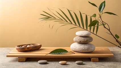 Nature Touch Zen Mockup with Wooden Platform, Stacked Stones, and Greenery