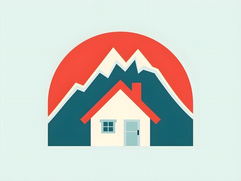 a logo of a house with a red roof and mountains in the background