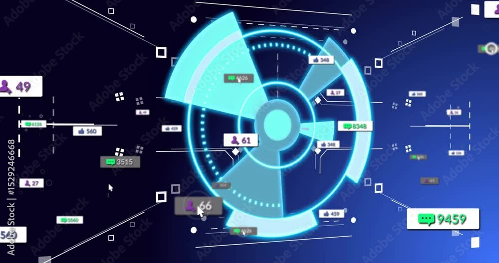 Poster upon loading, glowing cyan circular hud fading in, sliding panels, rotating, updating live metrics