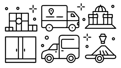 Simple line icons of delivery trucks buildings and streetlight