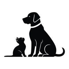 Black Silhouette of a Labrador Retriever Dog and a Kitten Sitting Together on a White Background a Simple Minimalist Pet Graphic Design