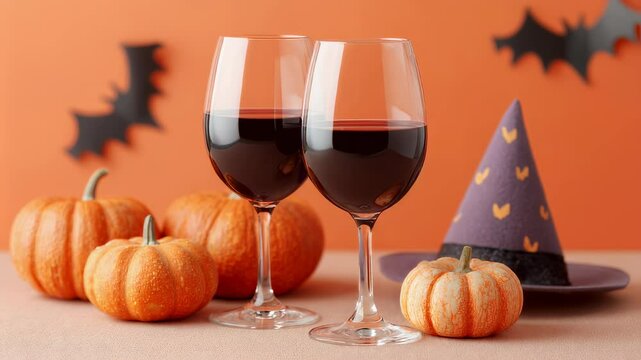 Two glasses of red wine for Halloween party. Pumpkins and bats decoration for spooky holiday celebration event. footage.