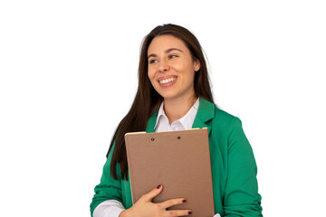 Obraz premium Studio shot of cheerful businesswoman holding clipboard looking away, isolated on transparent background
