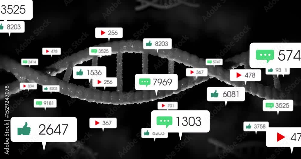 Poster opening smoky void showing glowing dna helix rotating, notification icons floating visualizing data