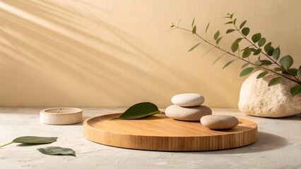 Simple Flat Lay Mockup with Wooden Tray, Stacked Stones, and Greenery