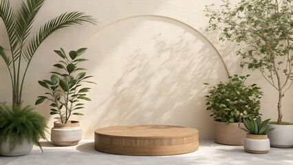 Minimalist Zen Stage with Wooden Podium, Arch Detail, and Tropical Plants