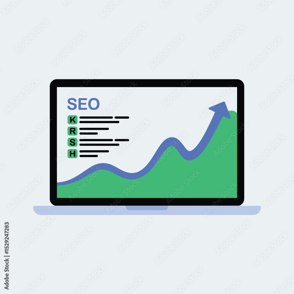 Poster laptop screen displaying seo growth chart with keywords and rising arrow