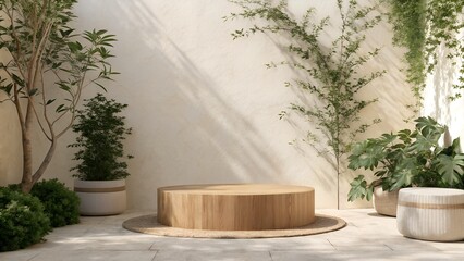 Zen-Inspired Minimalist Product Stage with Wooden Podium and Lush Greenery