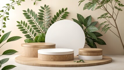 Natural Wood and White Product Display Podiums with Greenery