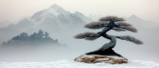 Bonsai in snowy mountain mist