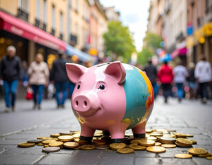 Colorful Piggy Bank Surrounded by Coins in Urban Setting