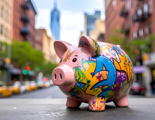 Urban Piggy Bank with Colorful Graffiti Art Against City Background
