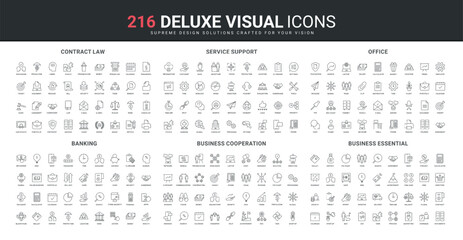 Banking mobile apps and support service, contract and law, office communication line icon set. Business cooperation, team communication to search for idea thin black outline symbol vector illustration