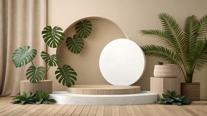 Minimalist Earth Tone Product Stage with White Circle and Lush Greenery