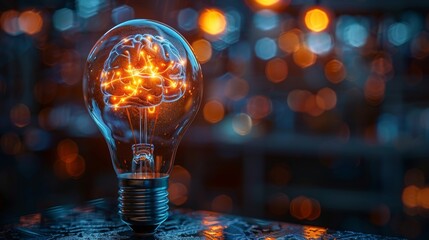 An artistic representation of a glowing light bulb with a bright brain silhouette inside signifies creativity, intellect, and the power of ideas illuminating our thoughts and inspiration.