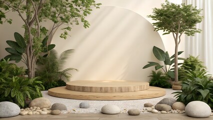 Serene Nature Product Stage with Wooden Podium, Greenery, and Zen Pebbles