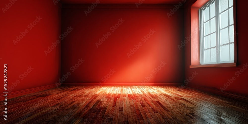 Poster sunlight streams through open window, illuminating dark wood floor in minimalist empty red room