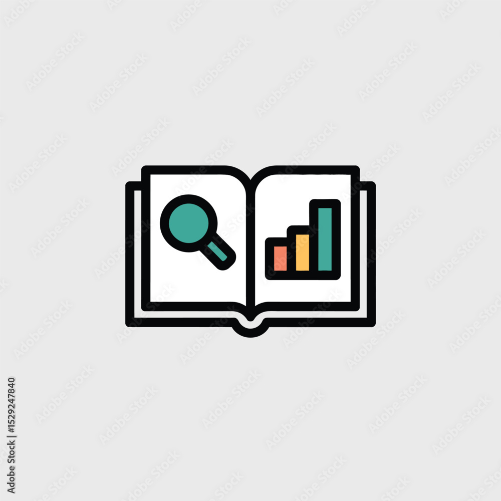 Aufkleber open book icon showing magnifying glass and bar graph for research and data analysis
