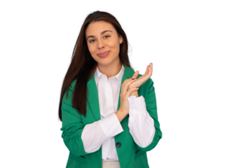 Confident businesswoman rubbing hands together, expressing satisfaction and anticipation, isolated on transparent background