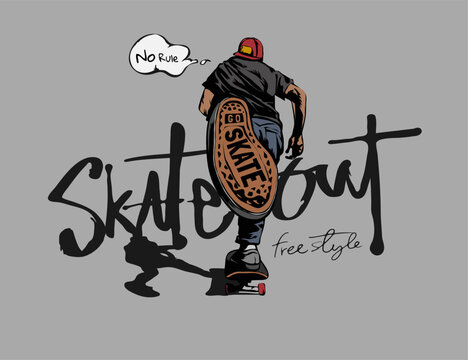skate out slogan with man running on skateboard vector illustration