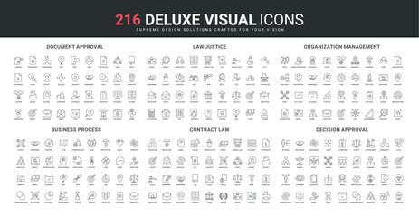 Decision and document approval, agreement contract, law and justice line icon set. Business process, organization management of corporate company thin black outline symbols vector illustration