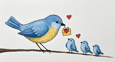 Watercolor illustration of a mother bird giving gifts to her chicks in her cozy nest.