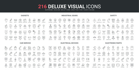 Car maintenance and repair service, diagnostics of automotive parts and electronics line icon set. Safety of work and industrial gears, smart gadgets thin black outline symbols vector illustration