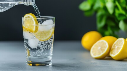 Refreshing Lemon Water with Ice Cubes in Glass on Table Surrounded by Fresh Lemons and Green Plants