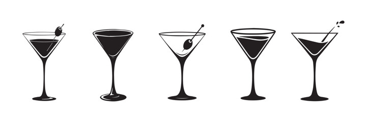 Set of Spilled Martini Glass Sketch Drawings with Two Olives in Hand-Drawn Style