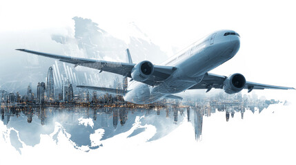 Double exposure of airplane and globe representing global logistics and air transportation