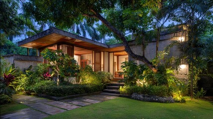 Tropical villa surrounded by lush garden, a serene retreat blending nature and modern design
