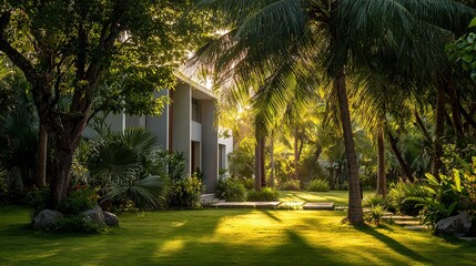 Obraz premium Tropical villa surrounded by lush garden, a serene retreat blending nature and modern design 