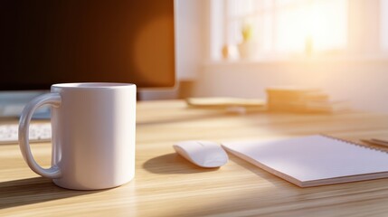 Obraz premium A serene workspace featuring a white mug, mouse, and notepad, illuminated by sunlight