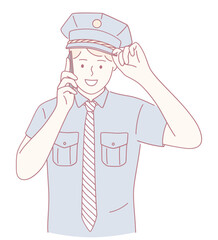 A friendly policeman in a cap on a call symbolizes effective communication and dedication to serving the community