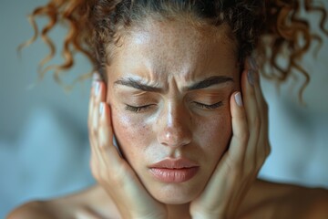 Fototapeta premium A poignant close-up captures a woman's distressed expression with her hands on her face, conveying a profound sense of pain and emotional struggle in an intimate setting.
