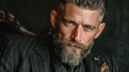 Portrait of a Handsome Man with a Well-Groomed Beard on Dark Background – Stylish Male Model with Facial Hair, Copy Space