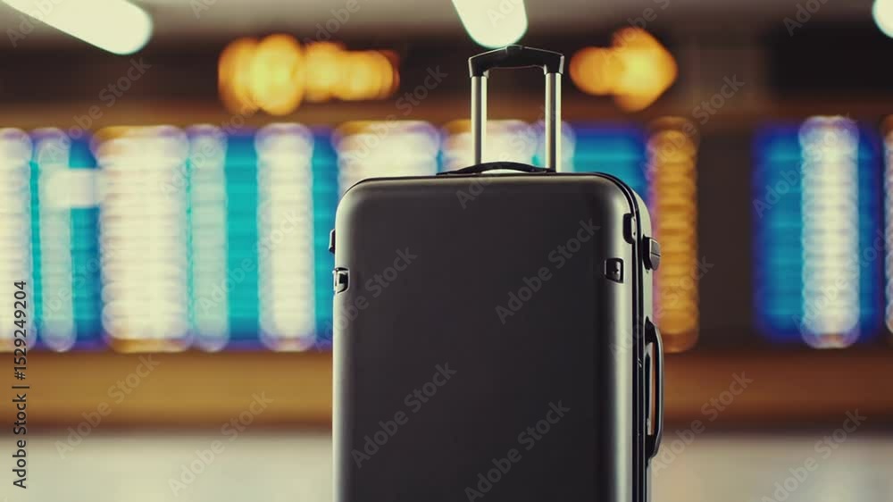 Poster modern luggage stands in an airport terminal with a blurred flight information display in the backgr