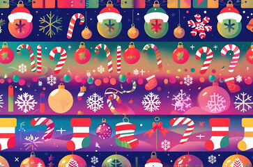 Colorful Seamless Christmas Pattern with Snowflakes, Bells, Ornaments and Candy Canes Generative AI