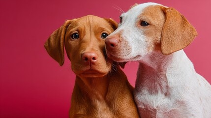 Charming Vizsla Puppies Exhibit Affection, Displaying Friendship Against Plain Background in Studio