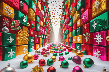 Colorful Christmas Ornaments Background with Festive Baubles and Snowflakes Generative AI