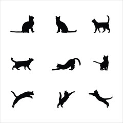 Black cat silhouette bundle with playful, walking, running, and jumping poses. Ideal for pet designs, animal illustrations, feline logos, clipart sets, and vector art projects.