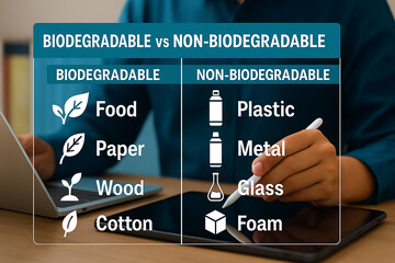 Environmentalist compares waste types. Hands sort biodegradable items like food waste vs plastic...