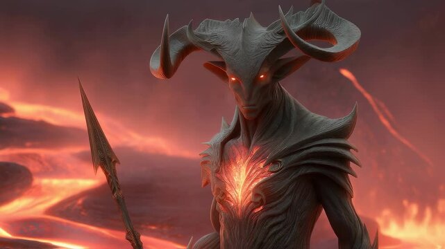 A horned creature with glowing eyes and chest light holds a spear against an erupting volcano background. Fantasy world concept footage.