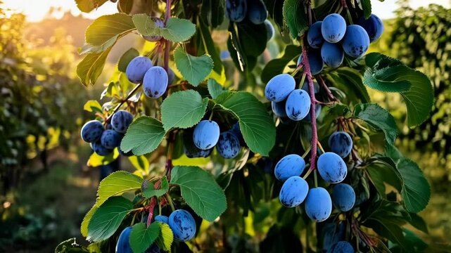 Plum Harvest. This image captures a plum harvest with ripe plums and a worker.