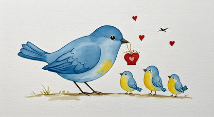 Watercolor illustration of a mother bird giving gifts to her chicks in her cozy nest.
