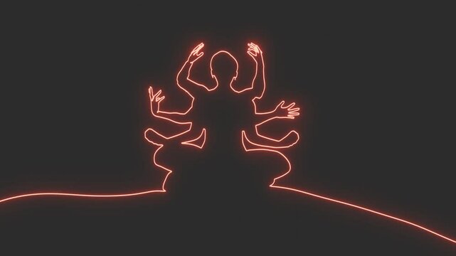 Silhouette of a multi-armed meditating girl with six arms, in the Lotus position. Happy relaxed female character performing meditation exercise. Neon shine silhouette against black background