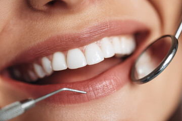 Close-up of a woman smiling while a dentist examines her teeth in a modern dental clinic with an advertising backdrop