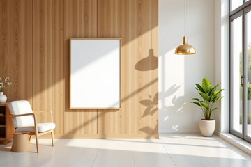 create a minimalist interior scene featuring a blank poster frame on a wooden wall and a modern pendant light in a bright contemporary room with clean