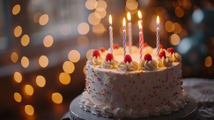 A delightful birthday cake adorned with colorful sprinkles and lit candles, perfect for celebrations and joyful gatherings full of sweet memories and happiness.