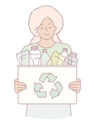 A woman holds a recycling box overflowing with plastic bottles, promoting ecofriendly habits and choices